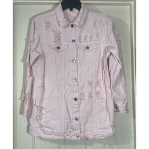Hot & Delicious Denim Jacket Womens Size Small Pink OversizedDistressed ButtonUp